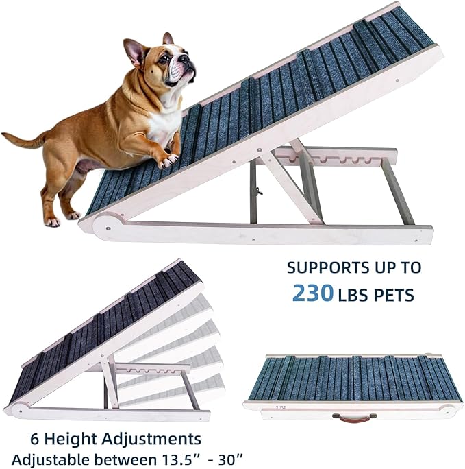 ZJSF Foldable Dog Ramp for High Bed, Wooden Dog Stairs to Bed for Small and Large Dogs, High Traction Platform with 6 Adjustable Heights (12.2"-26"), 39.7", Supports up to 230 lbs