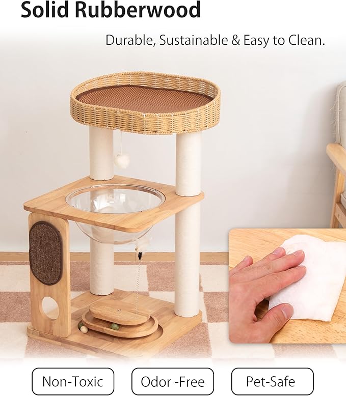 Wood Cat Tree 31-Inch Sall Cat Tower with Scratching Post for Indoor Cats, Multi-Level Cat Condo with Hand-Woven Cat Bed and Acrylic Bowl Easy to Clean
