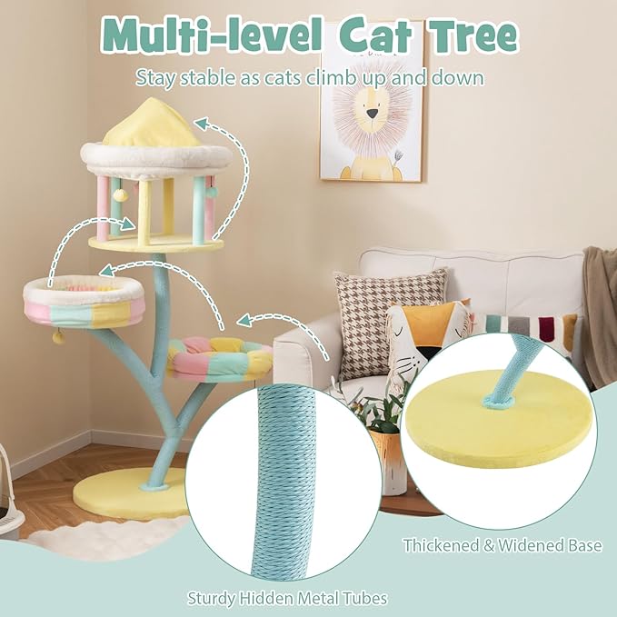 Tangkula Tall Cat Tree, 57.5 Inch Amusement Park Style Cute Cat Tower with Top Open Condo, 2 Perches, Scratching Posts & Dangling Balls, Aesthetic Cat Tree Tower for Indoor Cats Large Adult