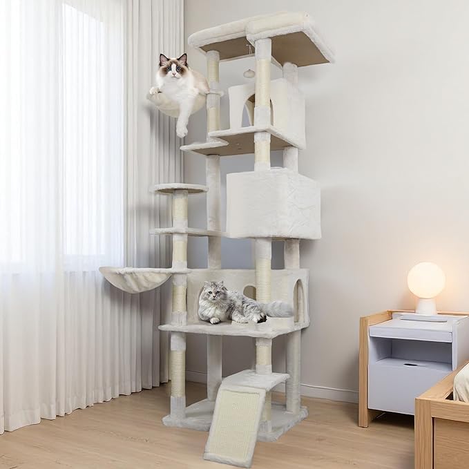 Beige 84in Heavy Duty Cat Tree, Cat Tree Tower for Indoor Cats Large Adult, Extra Cat Tower with 12 Sisal Scratching Post, Large Top Platform, Hammock, Cat Condo for Kittens