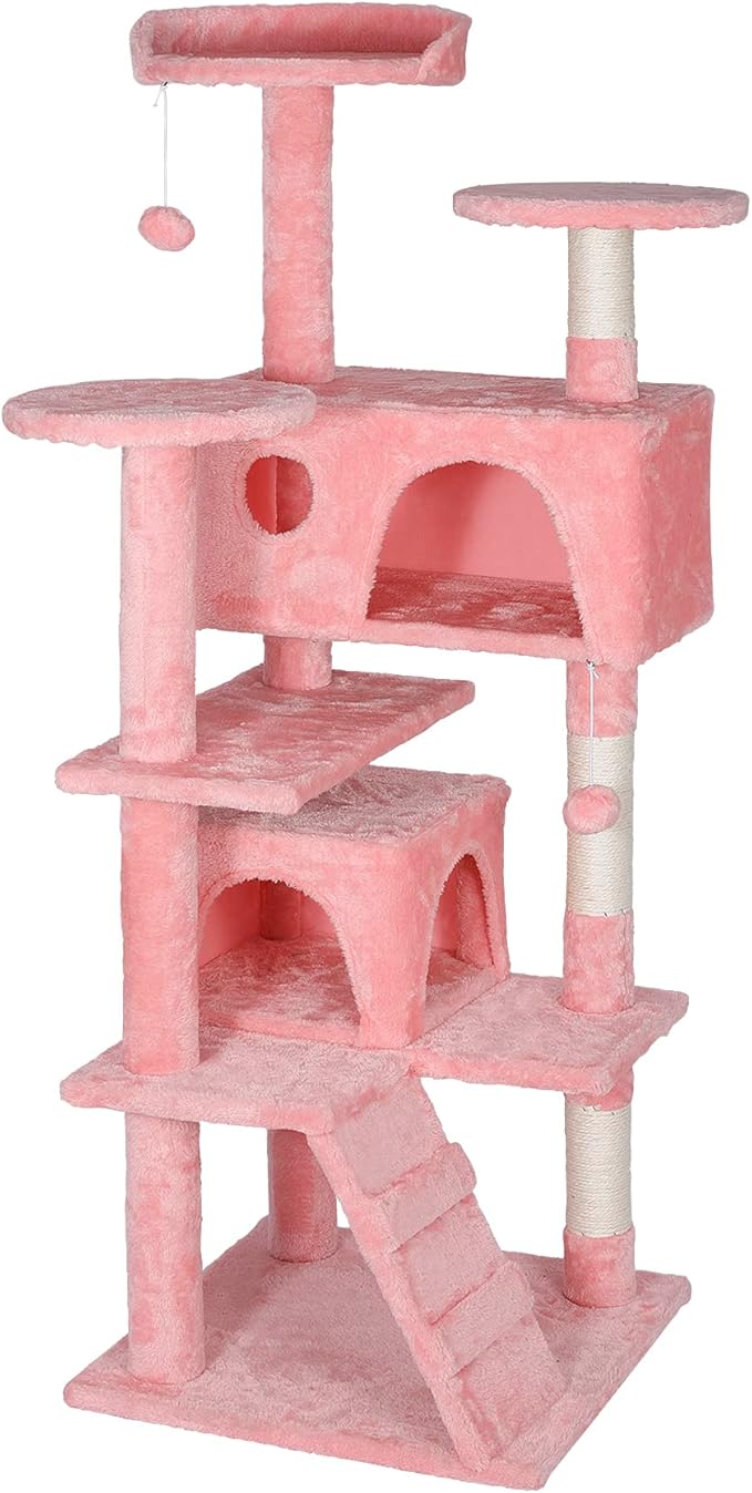 53 inches Heavy Duty Multi-Level Cat Tree Tower with Condo Furniture & Scratching Posts for Kittens Play Rest (Pink)