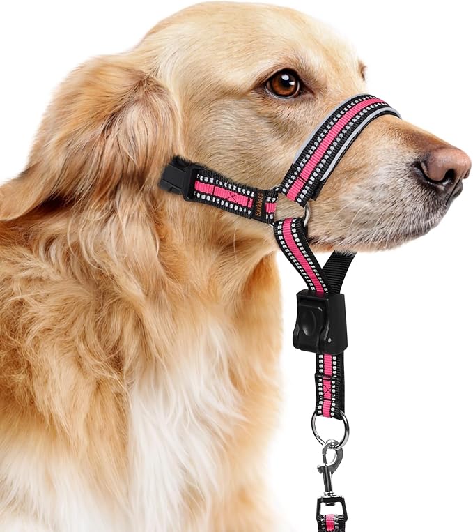 BARKLESS Soft Nylon Dog Head Collar for Large Medium Dog, Reflective Padding Head Halter for Training, Adjustable Muzzle Leash No Pulling, Jumping, Nose Leash Ideal for Walking (Pink, XL)