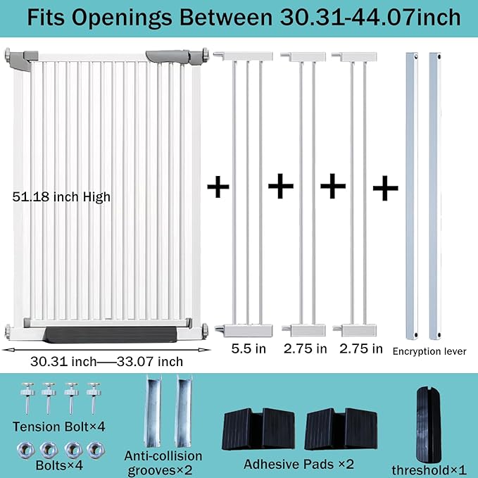 51.18 Inch Extra Tall Pet Gate, 29.5-43" Adjustable Wide Auto Close Dog Gates, Pressure Mounted Walk Through Tall Cat Gate for Doorways,Hallway,Stairs（White）