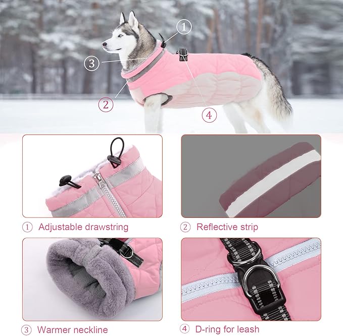 Lelepet Dog Coat Warm Dog Winter Coat Waterproof Dogs Jacket with Harness Built in Reflective Pet Fleece Vest Zip-Up Cold Weather Coats for Large Dogs Turtleneck & Windproof Coats Boxer Pink XL