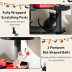PETSITE 49 inch Gothic Cat Tree, Multi-Level Halloween Goth Cat Tree Tower with Coffin Bed, Scratching Posts, 2 Condos, Cozy Top Perch, Bat-Shaped Teasing Balls, Black