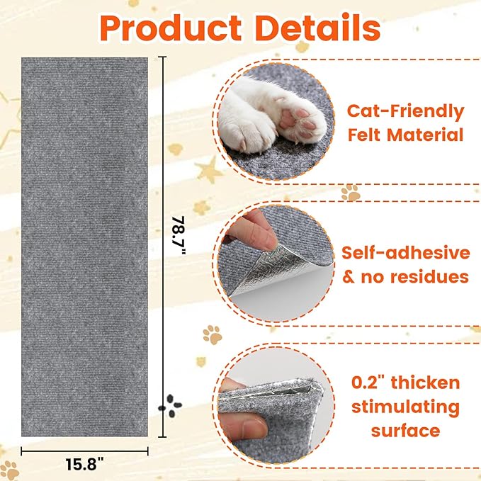 78.7"x15.8" Self-Adhesive cat Scratch pad - Trimmable Furniture Protector for Couch, Walls & Cat Trees | DIY Climbing Scratcher Pad with Twist Pins & Double-Sided Adhesives (Light Grey)