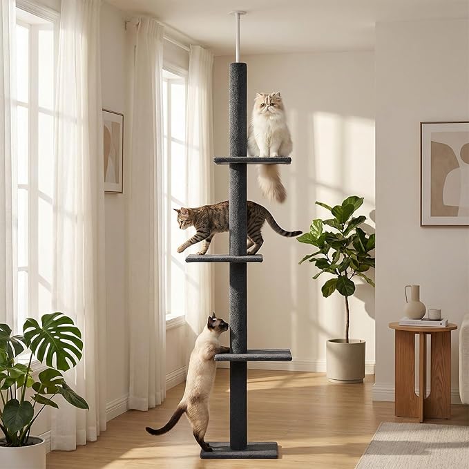 PAWZ Road Floor to Ceiling Cat Tree, Adjustable Height 89.8"-107.5" Tall Cat Tower with 3 Spacious Platforms, 3 Dark Grey Scratching Post for Indoor Cats