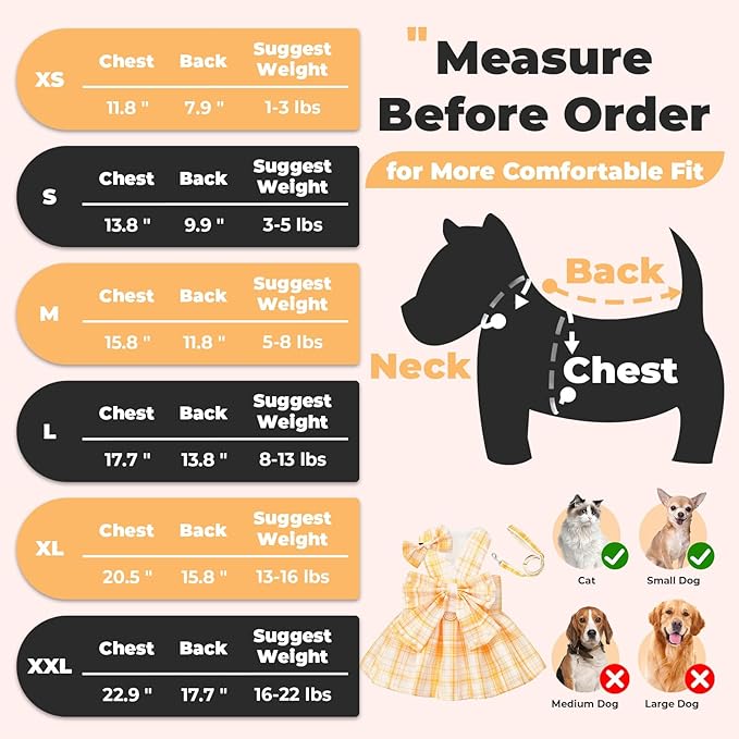 PETCARE Cute Dog Dress Clothes for Small Dogs Cats Girl Female Yellow Plaid Bow Tie Dog Harness Dresses Leash Set with Pearls Bow Accessories Birthday Puppy Dress Shih Tzu Yorkies Chihuahua Outfits