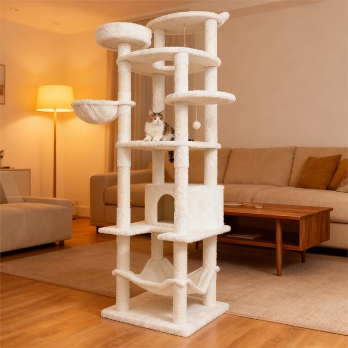 Beige 78in Heavy Duty Cat Tree, Cat Tree Tower for Indoor Cats Large Adult, Extra Cat Tower with 12 Sisal Scratching Post, Large Top Platform, Hammock, Cat Condo for Kittens