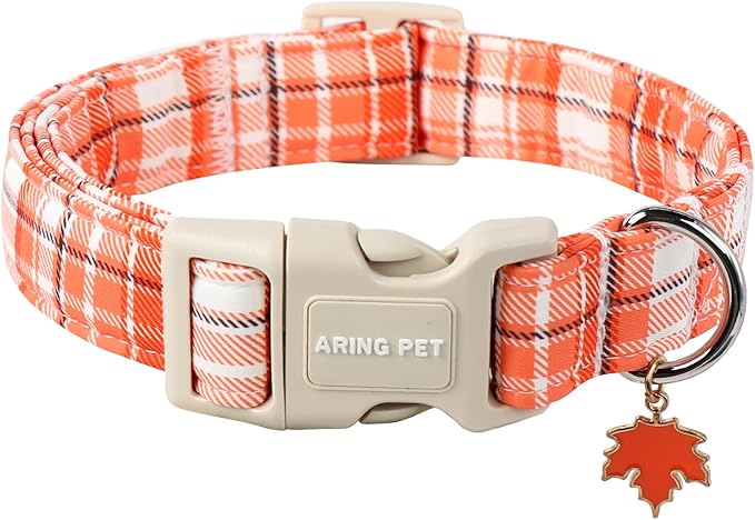 ARING PET Fall Dog Collars, Cute Orange White Plaid Halloween Autumn Pumpkin Maple Leaves Pet Collar with Quick Release Buckle for Small Medium Large Girl Boy Dogs-L