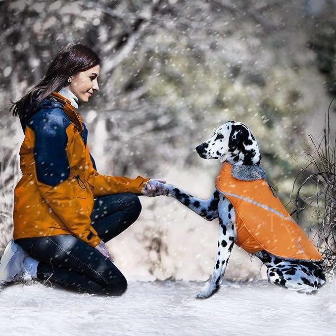 VIVAGLORY Snowrap Dog Coat, Jacket with Harness Hole, Dog Coat for Winter & Cold Weather, Fluffy Warm Fleece Lined Reflective Water Resistant for Puppy, XXS, Orange
