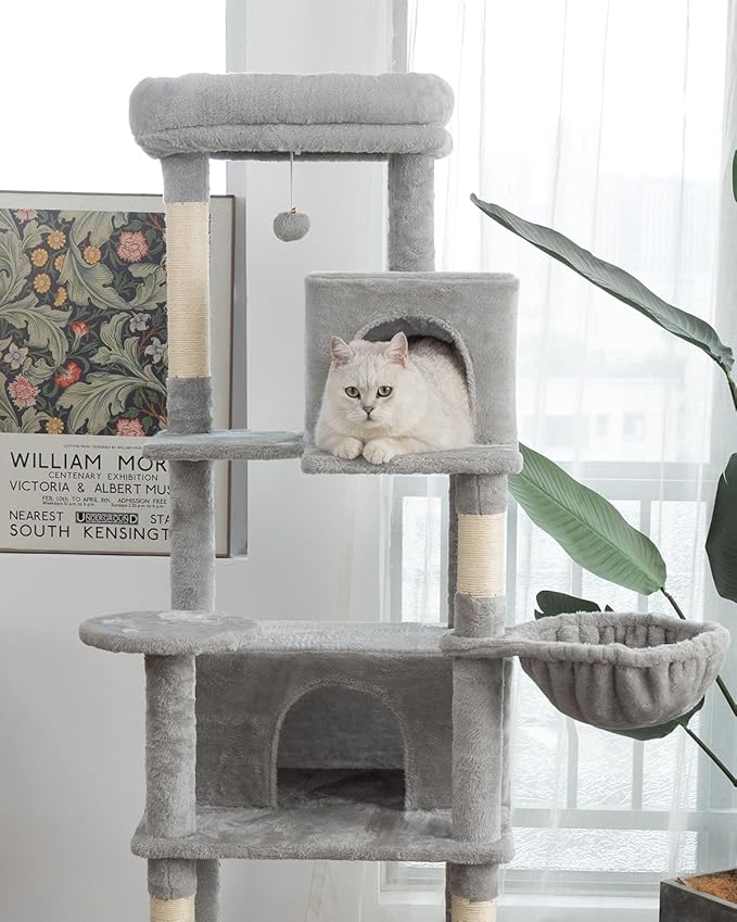 Multi-Level Cat Tree,69 Inches Tall Cat Tower with 2 Plush Condos,Hammock and Plush Perch, Scratching Posts and Pompoms,Gray Cat House for Indoor Cats