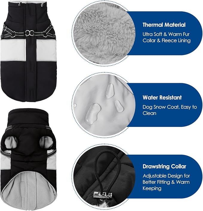 KOESON Dog Coat, Warm Dog Winter Jacket with Harness Built-in for Easy Walk, Fleece Lined Cold Weather Coat for Medium Dogs, Waterproof Puffer Jacket for French Bulldog, Corgi, Beagle, Black M