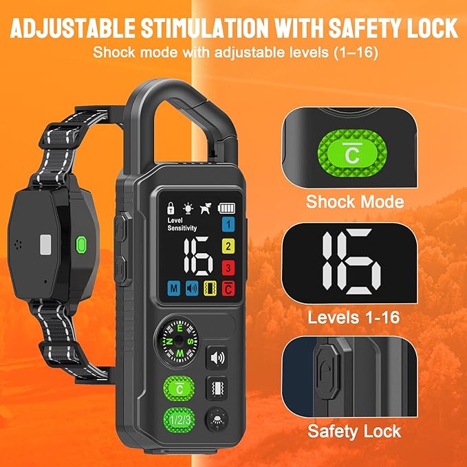 2-in-1 Dog Training Collar & Bark Collar, Safety Lock Remote, Adjustable Beep,Vibration & Shock,990ft Range,IPX7 Waterproof Dog Collar for 3 Dogs,Medium & Large,LED Light,Compass & Carabiner-2 Collars