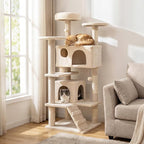 PETSITE 52-inch Cat Tree, Multi-Level Cat Tower with Sisal Scratching Posts, 2 Comfy Condos, Plush Padded Soft Top Perch, Dangling Balls, and Climbing Ladder, Ideal for Indoor Cats (Beige)