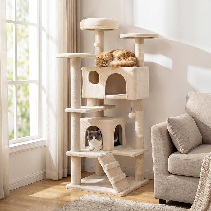 PETSITE 52-inch Cat Tree, Multi-Level Cat Tower with Sisal Scratching Posts, 2 Comfy Condos, Plush Padded Soft Top Perch, Dangling Balls, and Climbing Ladder, Ideal for Indoor Cats (Beige)