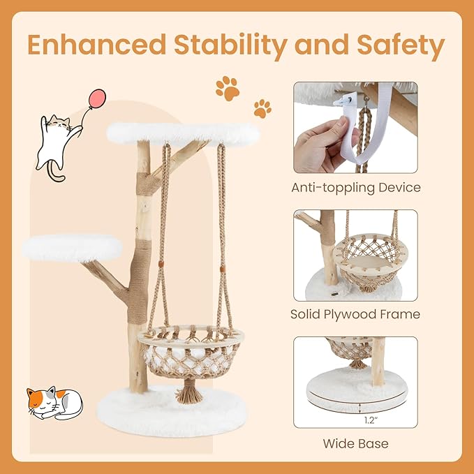 Tangkula Solid Wood Cat Tree, 48.5” Natural Branch Modern Cat Tower with Luxury Hanging Cradle, Jute Scratching Post, Top Perch, Padded Platform, Soft Long Plush, Boho Cat Tree for Indoor Kittens