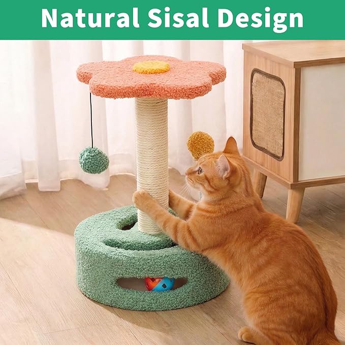 Cat Scratching Post 13.98" H, Flower-Shaped Small Cat Tree with Sisal Scratcher, Interactive Hanging Ball & Track Ball Toy, Easy Assembly Kitten Activity Center for Indoor Cats, Protect Furniture