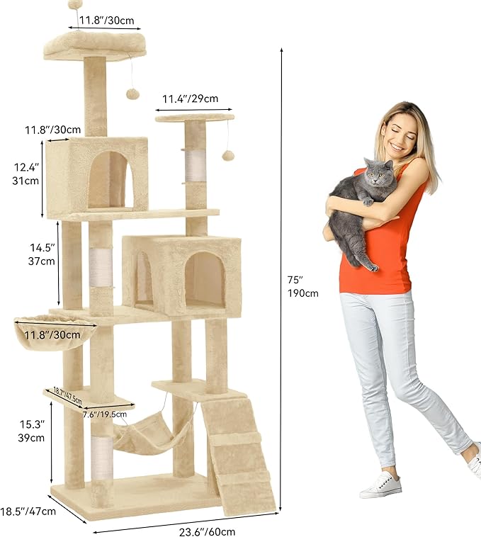 YITAHOME 190.5 cm Tall Heavy Duty Cat Trees for Large Cats, 75inch Maine Coon Tower Indoor with Scratching Post, Hammock, Cat Condo for Adult Cats,Beige