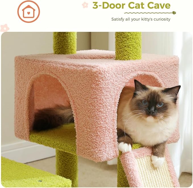 47.3" Flower Cat Tree, Multi-Level Cat Tower with Sisal Covered Scratching Posts Cute Cat Condo for Indoor Small Medium Cats Top Perch (Green)