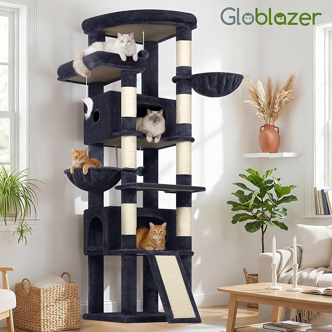 Globlazer Extra Large Heavy Duty Cat Tree, 80in Tall Sturdy Cat Tree Tower for Multiple Indoor Cats Large Adult with Scratching Posts, 2 Spacious Condos with Padding, 2 Soft Perches, S80C, Dark Grey