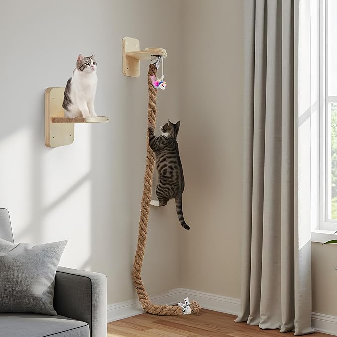 Weysat Cat Tree with 2 x 59.1 Inch Climbing Rope Wall Mounted Cat Climbing Tower Toy with Scratching Post Kitten Rope Ladder with Jumping Platform Wall Steps for Playing and Rest (Wood,with Toys)