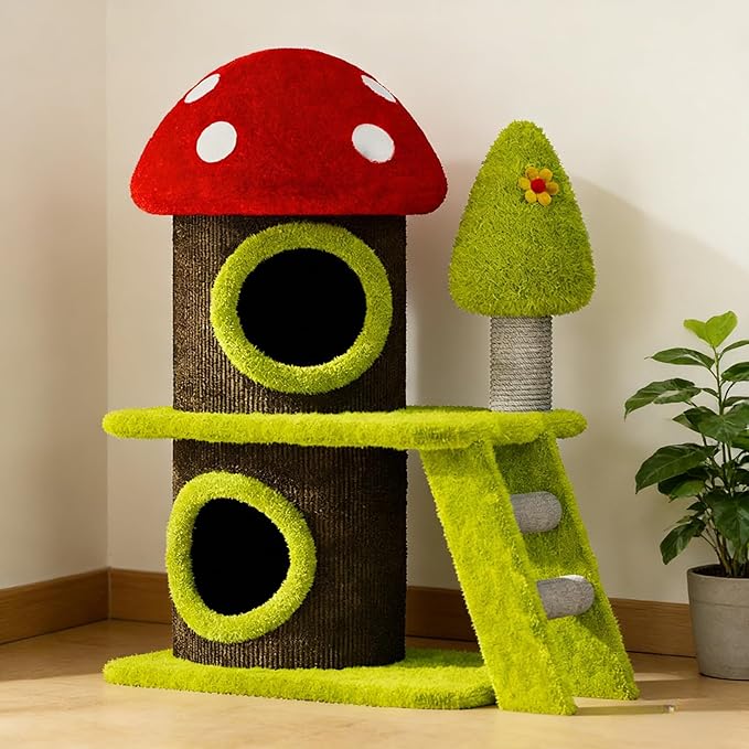 30.7" Modern Mushroom Cat Tree Tower Indoor Cat Furniture with Cozy Cat House & Durable Sisal Scratching Posts, Space-Saving Design for Multi-Cat Households & Small Spaces