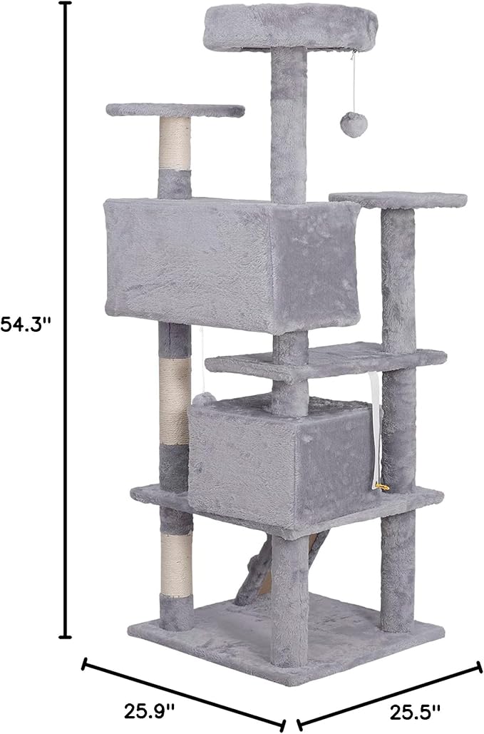 55 inches Heavy Duty Multi-Level Cat Tree Tower with Condo Furniture & Scratching Posts for Kittens Play Rest (Light Grey)