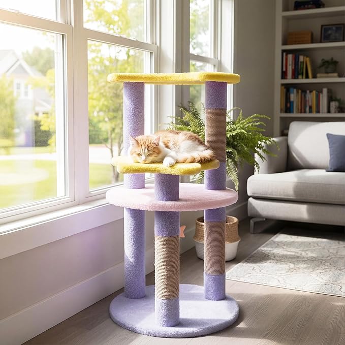 Tangkula Cute Cat Tree, 29 Inch Multi-Level Cat Tower with Jute Scratching Posts, Star & Moon Shaped Platforms, Perch Dangling Toy, Cat Climbing Furniture for Indoor Cats (Purple)