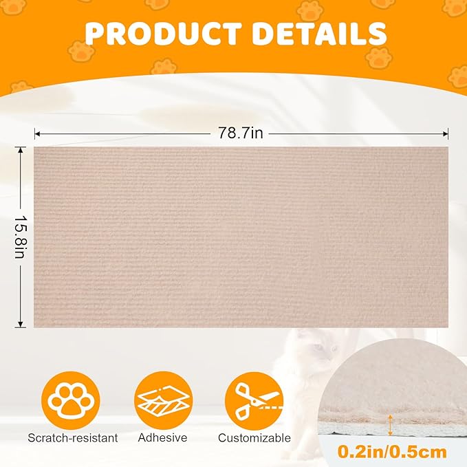 Cat Scratching Mat Self-Adhesive, 78.7'' x 15.8'', Trimmable Cat Scratch Pads Furniture Protector, DIY Climbing Cats Scratching Carpet for Couch, Door Frame or Wall Corner Protector (Khaki)