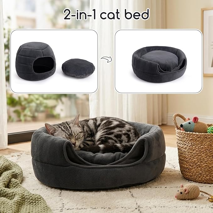 Hollypet Cat Bed Self-Warming 2 in 1 Foldable Kitty Cave House Nest Pet Sleeping Bed for Indoor Cats, Gray Igloo