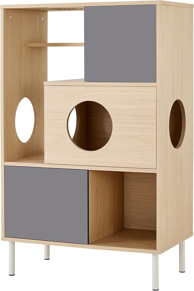 Modern Cat Bookcase with Storage - Furniture Style Cat Tree Shelves Multi-Level Climbing Perch for Indoor Cats - Natural Grey Wood Cabinet & Shelving Unit
