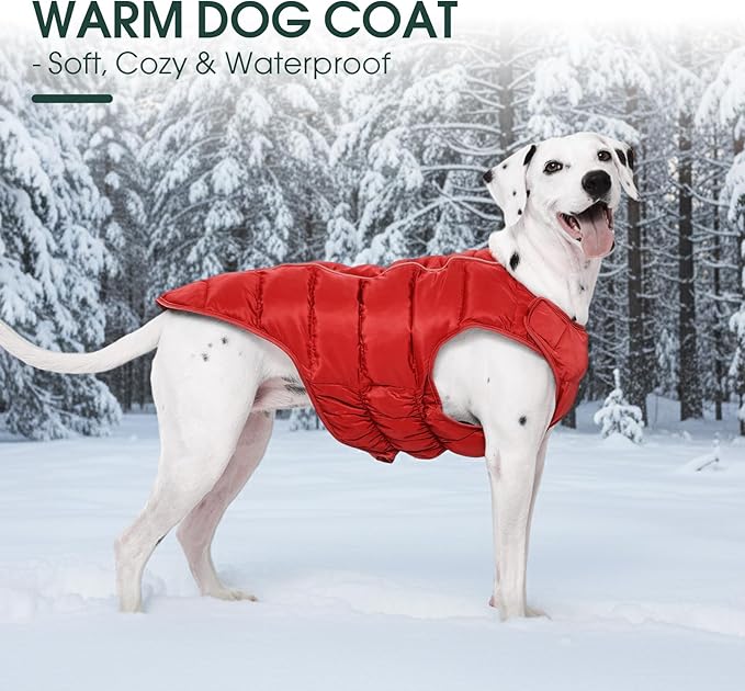 Kuoser Dog Puffer Jacket Warm Dog Coat for Medium Large Dogs, Windproof Reflective Pet Padded Vest Cold Weather Clothes Puppy Snowsuit with Hook & Loop Coats, Easy On/Off, Red L