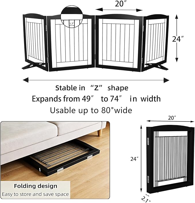 Dog Fence Indoor,Dog Gate Indoor for Doorway pet gate -4-Panel Freestanding, Hallways, House or Stairs -80x24-Inch Retractable Foldable Expandable Wood Pet by SFJC (Black) ﻿