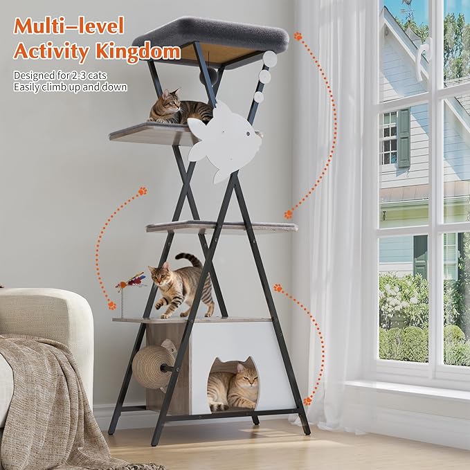 HavenlyYouth Modern Cat Tree for Indoor Cats, Tall Cat Tower with Condo, Multi-Level Cat Tree with Cave, Scratching Board,Removable Pads for Cats, X Style, Light Gray