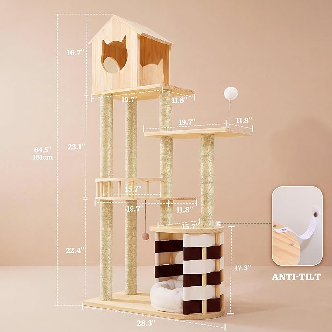YITAHOME Stable Pine Wood Cat Tree, Multi-Level Cat Tower with Observation Perches, Sisal Scratching Posts, Removable Plush Bed & 2 Interactive Sisal Balls, Cat Furniture