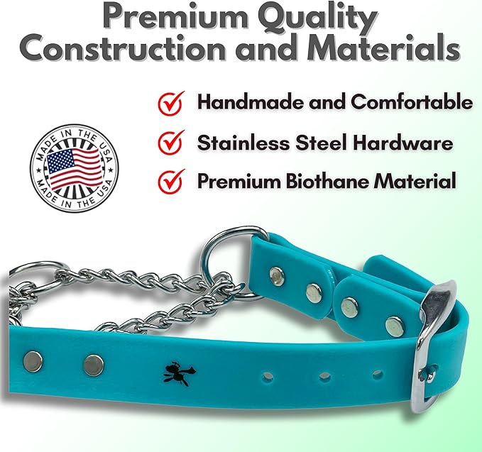 Martingale Collar for Dogs, Biothane, Stainless Steel Hardware, No Pull, Made in The USA, Professional Grade, Large, Teal
