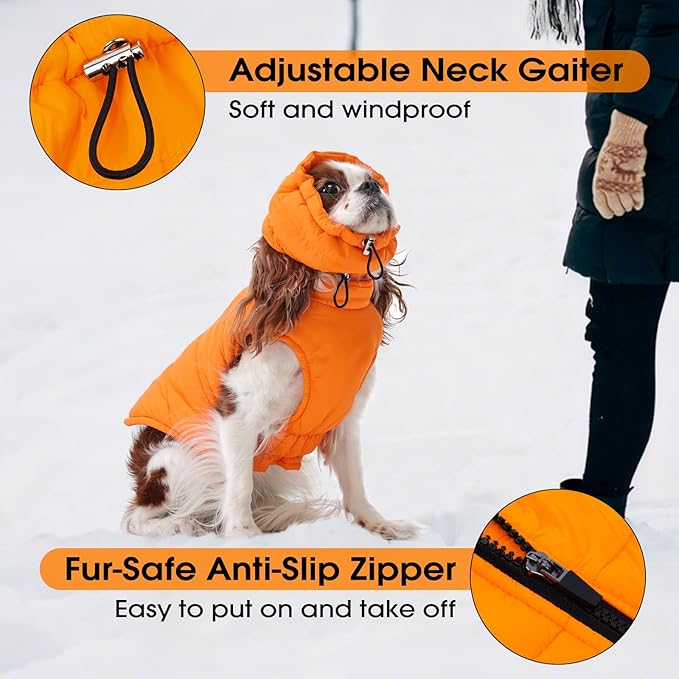 Large Dog Winter Coat with Back Zipper & Detachable Scarf, Waterproof Warm Dog Snow Jacket, Dogs Puffer Vest for Golden Retriever, German Shepherd, Orange 2XL