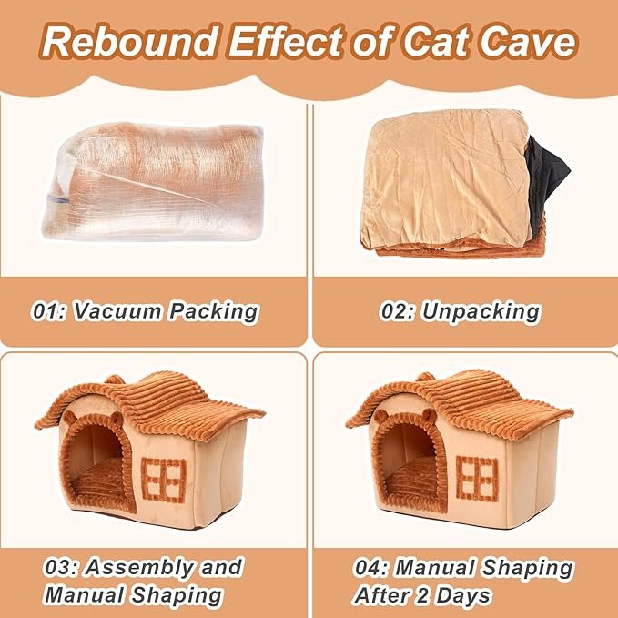 Jiupety Bear Cat Houses for Indoor Cats, Chimney Cute Cat Bed Cave, Enough Interior Space, Cartoon Soft Pet House Up to 3-15 lbs Puppy, Brown