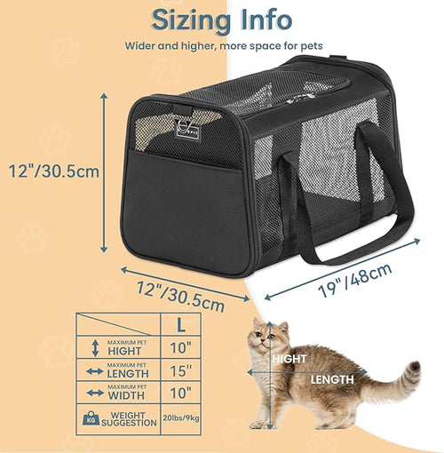 19 x 12 x 12 Large Cat Car Carrier – Roomy Escape-Proof Cat Car Seat for Safe Driving, Lockable Zippers & Safety Tether, Soft-Sided Travel Carrier for Road Trips & Vet Visits