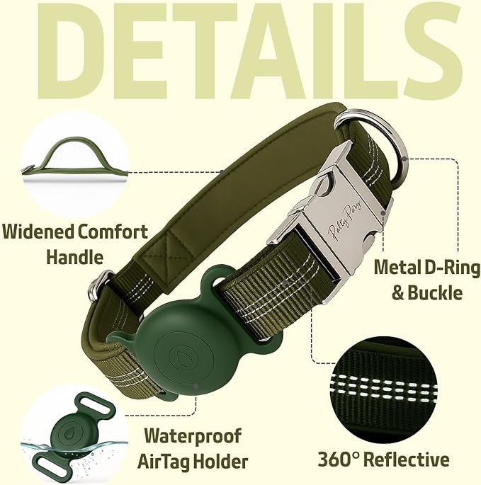 AirTag Holder Dog Collar for Large Medium Dogs, Adjustable Nylon Dog Training Collar with Quick Release Buckle, Reflective Heavy Duty Tactical Dog Collar with Handle (Army Green S)