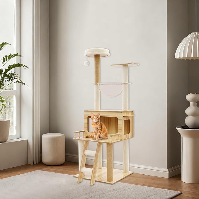 57.9'' Cat Tree for Indoor, Cat Tree Tower with Scratching Posts, 4-in-1 Building Block Large Cat Tower with Space Capsule Nest, Scratching Posts, Padded Platform, Hanging Toy for Indoor Cats