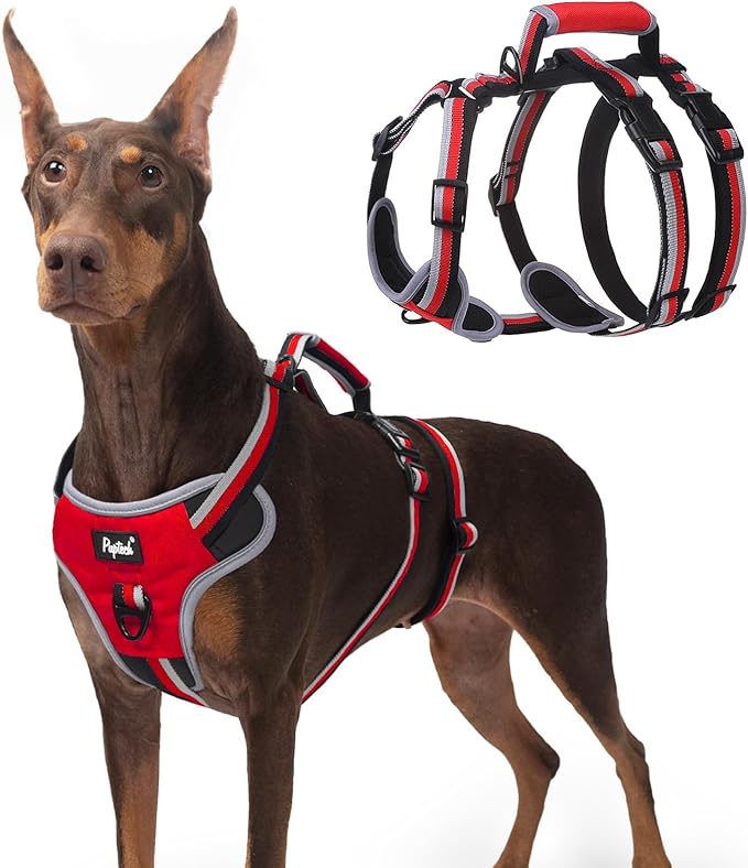 PUPTECK Escape Proof Dog Harness with Padded Handle, No Pull Pet Vest Harness Durable Reflective for Medium Large Dogs Walking Training and Running, Red, XL