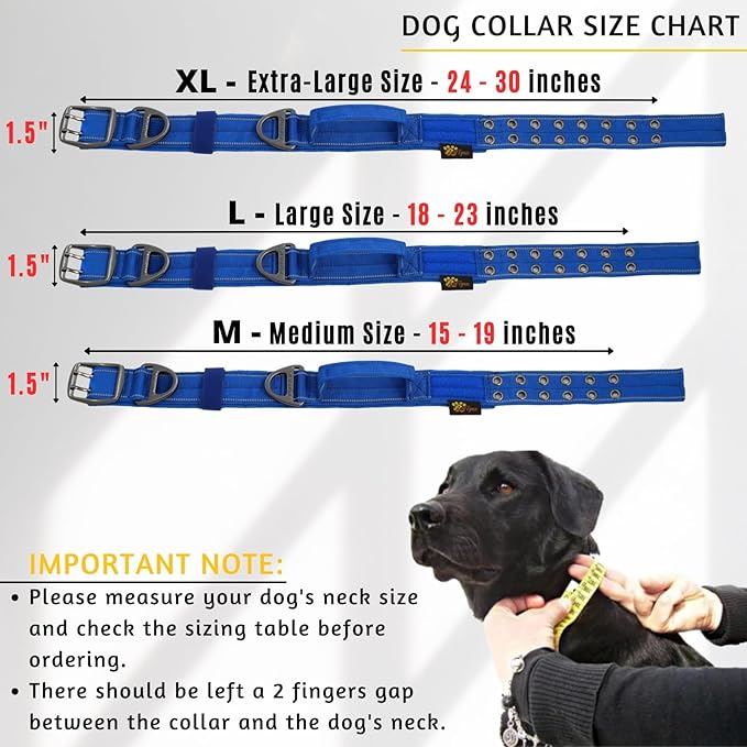 ADITYNA Heavy Duty Dog Collar for Extra-Large Dogs - Reflective Blue Collar with Handle for Training, and Walking - Wide, Thick, Tactical, Soft Neoprene Padded