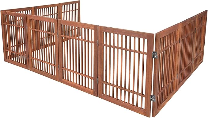 Urnporium Pet Dog Gate Freestanding, Strong Durable Folding Wooden Fence, Portable Acacia Hardwood Safety Barrier for Indoor & Outdoor Use (Brown Pet Gate, 10 Panel 24" Tall)