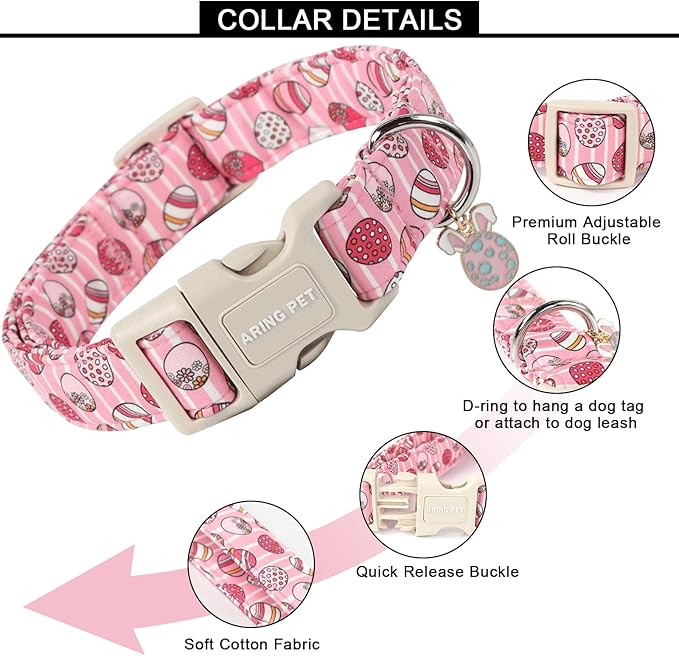 ARING PET Easter Eggs Dog Collar, Cute Adjustable Pink Striped Pet Collar with Quick Release Buckle for Dogs-M