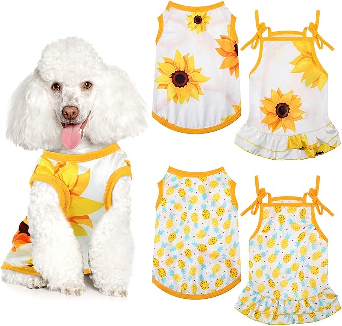 Frienda 4 Pieces Dog Clothes Set Include 2 Pcs Cute Pet Dress Lovely Dog Dress and 2 Pcs Breathable Pet T Shirt Puppy Clothes(Pineapple, Sunflower,Large)
