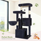 Globlazer Cat Tree Tower with Scratching Post for Indoor Cats, 55inch Tall Plush Multi-Level Cat Climbing Tower Condo House with Hanging Basket, 2 Spacious Cat Cave, F55, Beige (Dark Gray)