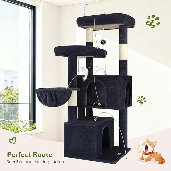 Globlazer Cat Tree Tower with Scratching Post for Indoor Cats, 55inch Tall Plush Multi-Level Cat Climbing Tower Condo House with Hanging Basket, 2 Spacious Cat Cave, F55, Beige (Dark Gray)