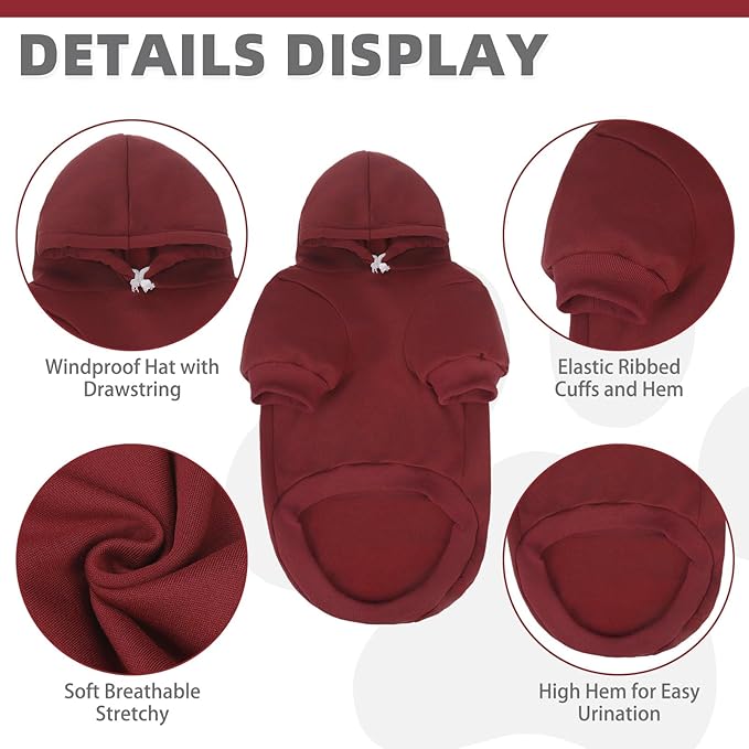 KOOLTAIL Dog Hoodie for Large Medium Small Dogs,Soft&Warm Pet Sweater with Leash Hole and Pocket Boy Girl,Puppy Fall Winter Jacket Clothes,French Pitbull Cold Weather Coat Sweatshirt,Deep Red SM